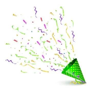 Green party cane with exploding serpentine isolated on white background. Vector Stock Illustration