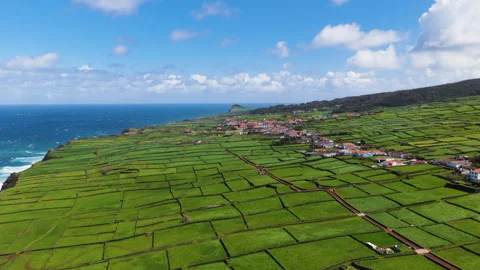 Green Patchwork Farming Fields And Raminho Village On Terceira Island, Azores - Stock-Footage 336035307