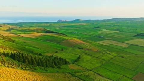 Green Patchwork Fields and Pasturelands at Sunset. Terceira Island, Azores Stock Footage 346406303