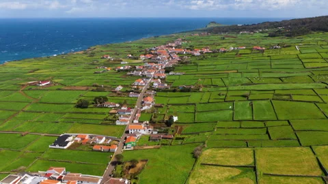 Green Patchwork Fields And Village On Terceira Island, Azores - Aerial Shot Stock-Footage 335998683