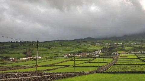 Green Patchwork Fields For Cattle Grazing, Santa Bárbara, Azores, Portugal Video stock 89054263