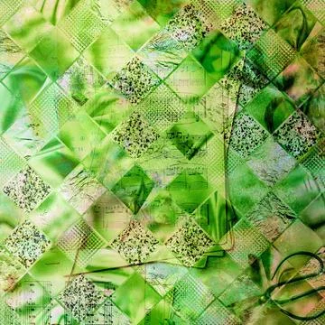A green patchwork quilted background showing square pattern designs イラスト素材