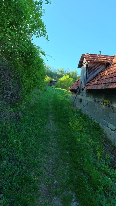 Green path winds through rural landscape. Ovcar Kablar Gorge, Serbia. Vertical Видео 334227821