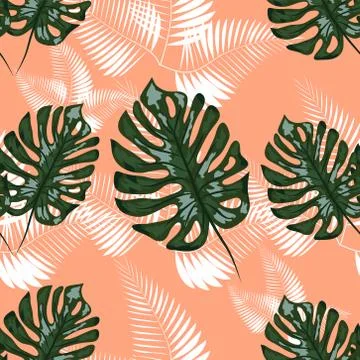 Green pattern with monstera palm leaves. Seamless summer tropical fabric desi Stock Illustration