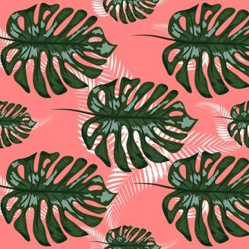 Green pattern with monstera palm leaves on dark background. Seamless summer t Stock Illustration