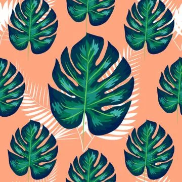 Green pattern with monstera palm leaves. Seamless summer tropical fabric desi Stock Illustration