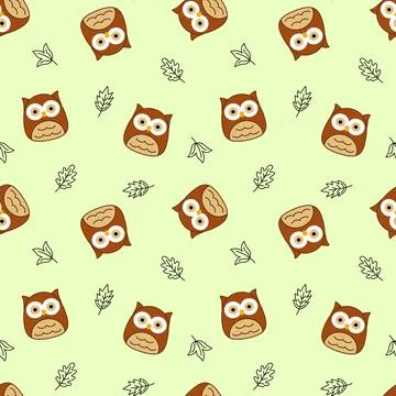 Green pattern with owls and leaves. Squishmallow. Owl, leaves. Kawaii, Vector Illustrazione stock