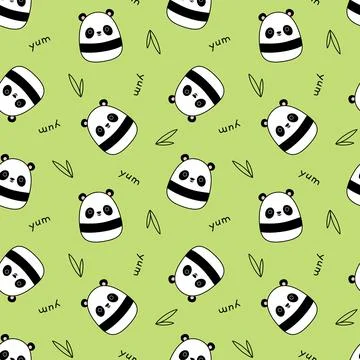 Green pattern with panda. Yum. Squishmallow. Background with panda. Kawaii Illustrazione stock