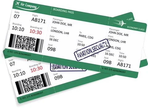 Green pattern of two airline boarding pass tickets for traveling by plane. Illustrazione stock