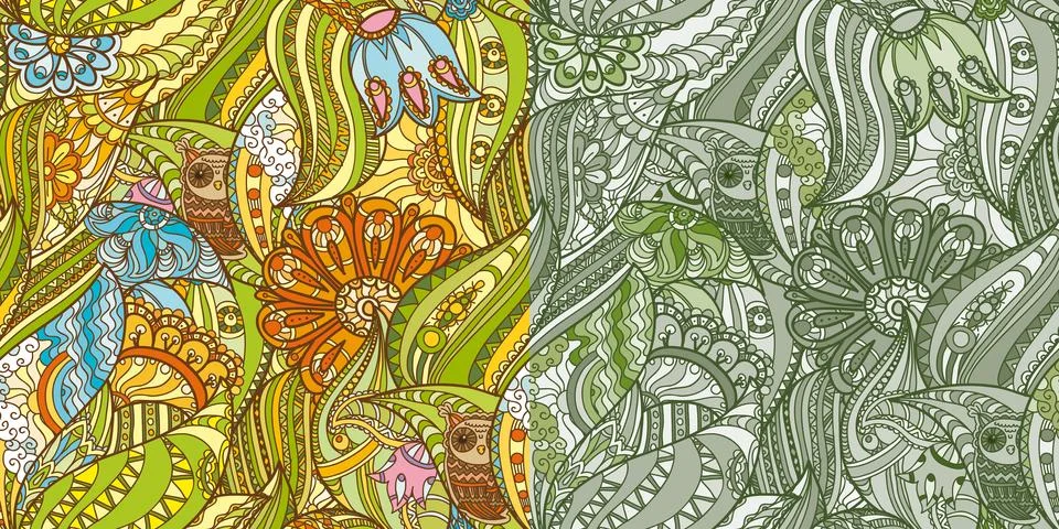 Green Patterns with Owls in the Forest Stock Illustration