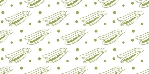 Green pea pods seamless pattern in doodle sketch style Stock Illustration