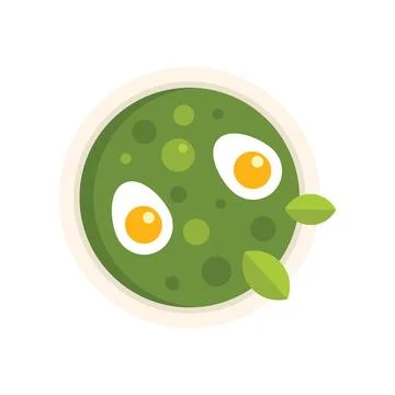Green pea soup with eggs and spinach leaves on a plate Stock Illustration