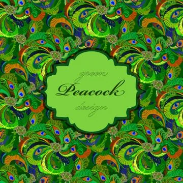 Green peacock feathers seamless pattern background. Vintage label.Text place. Illustrazione stock