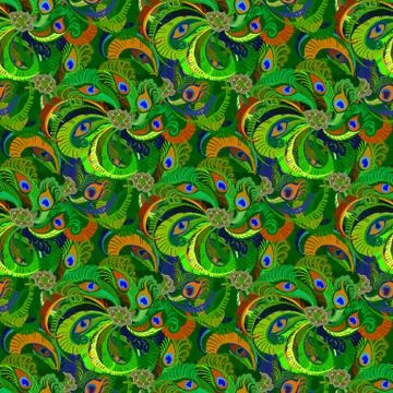 Green peacock feathers seamless pattern background. Stock Illustration
