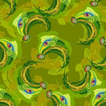 Green peacock feathers seamless pattern Stock Illustration