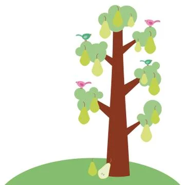 Green pear large tree with a thick trunk, green leaves and ripe fruits, poult Stock Illustration