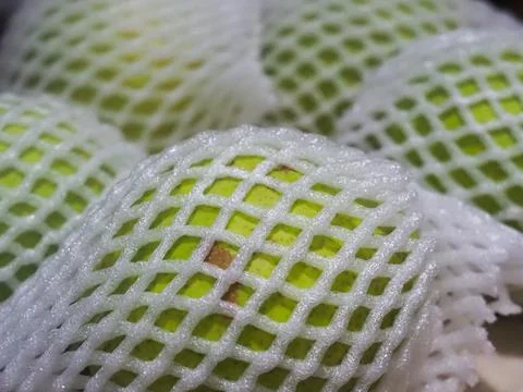 Green pear with white protector net Stock Photos