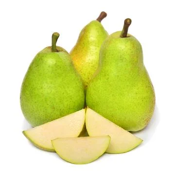 Green pears fruit with slice isolated on white background. Juice, vitamins Stock Photos