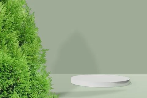 Green pedestal display and tree with box stand concept. Podium for brand prom Stock Illustration