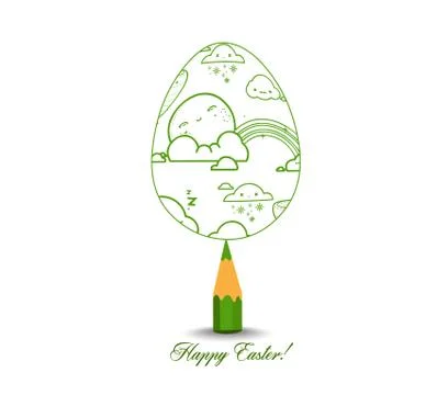 Green Pencil with Reflection Drawing Easter Egg on White Background Stock Illustration