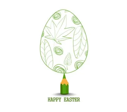 Green Pencil with Reflection Drawing Easter Egg on White Background Stock Illustration