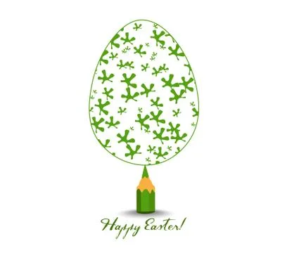 Green Pencil with Reflection Drawing Easter Egg on White Background 스톡 일러스트