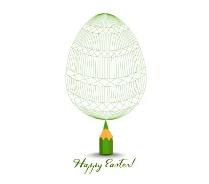 Green Pencil with Reflection Drawing Easter Egg on White Background Stock Illustration
