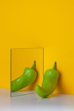 Green pepper is reflected in a mirror on a yellow background Stock Illustration