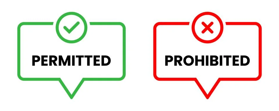 Green permitted checkmark and red prohibited cross with text allowed forbidde Stock Illustration