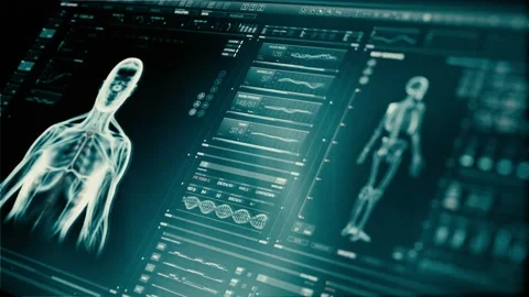 Green perspective futuristic Interface showing analysis of human male anatomy Stock Footage 146553253
