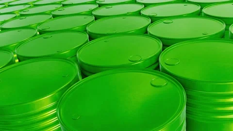 Green petrol barrels tracking camera looping 3D animation Stock Footage 171975360