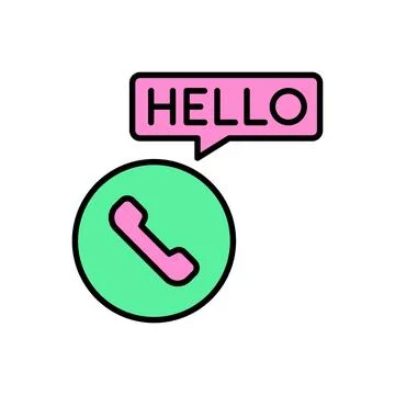 Green Phone Icon with HELLO Text in Pink Speech Bubble Style Stock Illustration