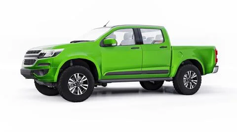 Green pickup car on a white background. 3d rendering. Stock Illustration