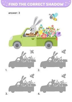 Green pickup with rabbit. Find the correct shadow. Shadow matching game. Cartoon Stock Illustration