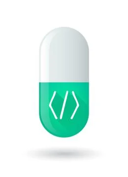 Green pill icon with a code sign Stock Illustration