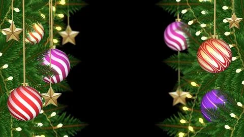 Green pine boughs with bright string lights form a frame. Stock Illustration