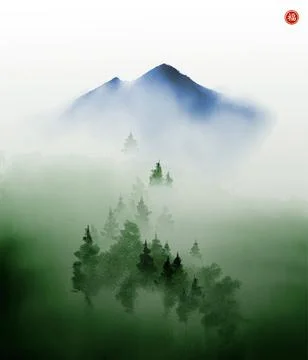 Green pine trees and far blue mountains. Traditional oriental ink painting sumi Stock Illustration