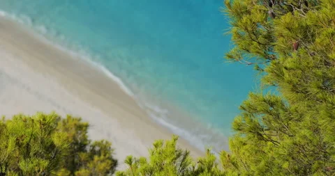 Green pines framing top view of turquoise sea washing the white beach Stock Footage 298922246