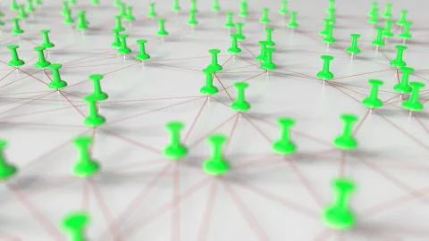 Green pins and threads compose a network on a pinboard. 3D rendering Stock Illustration