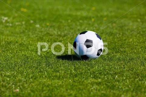 Green pitch with soccer ball Stock Photos