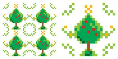 Green pixel art tree seamless pattern with a simple nature inspired motif, .. Stock-Illustration