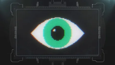 Green pixel eye symbol on glitch futuristic lcd led screen display background Stock Footage 83131083