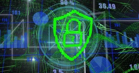 Green pixelated shield with padlock icon securing data in dashboard, with bar Stock Illustration