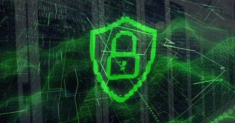 Green pixelated shield with padlock icon floating in digital grid, with data 스톡 일러스트