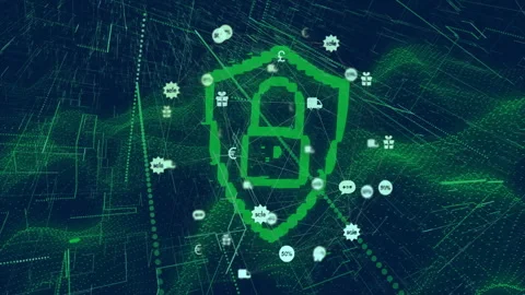 Green pixelated shield protecting padlock icon floating amid network of commerce Video stock 309284553