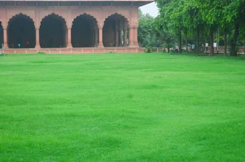 A green plain land inside Di wan-i am, a historical building inside Red fort, Stock Photos