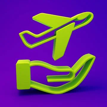 Green Plane in hand icon isolated on purple-blue background. Flying airplan.. Stock Illustration