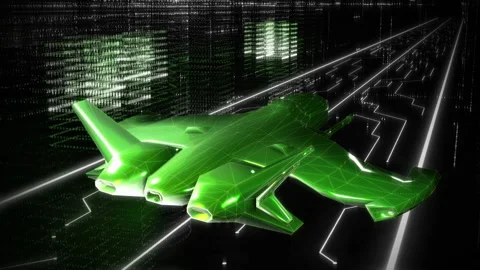 A green plane is slowly passing through the virtual futuristic cyber environment Stock Footage 224548768