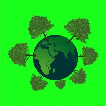 Green Planet Earth with trees on it, over a green background Stock Illustration