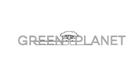 Green planet linear logo design with wide canopy tree silhouette connecting.. Stock Illustration